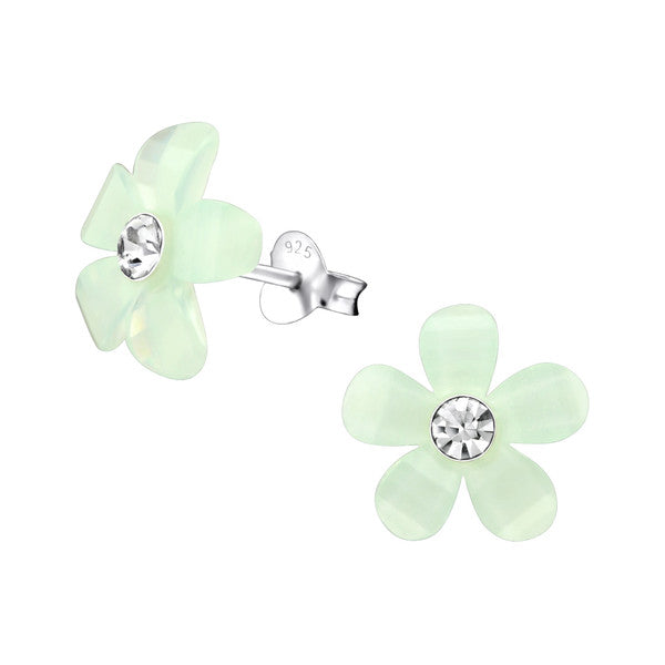 Damen-Ohrstecker Damen-Schmuck Blume Blüte in grün mit Glitzer aus Sterling Silber 925