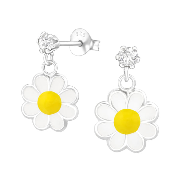 Kinder-Ohrstecker Gänseblume Blume 12mm Weiß, Gelb Glitzer Sterling Silber 925