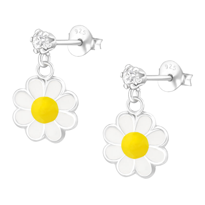 Kinder-Ohrstecker Gänseblume Blume 12mm Weiß, Gelb Glitzer Sterling Silber 925