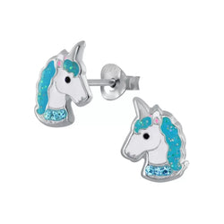 Kinder-Ohrstecker Einhorn tuerkis mit Glitzer 11mm aus Sterling Silber 925