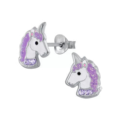 Kinder-Ohrstecker Einhorn lila mit Glitzer 11mm aus Sterling Silber 925