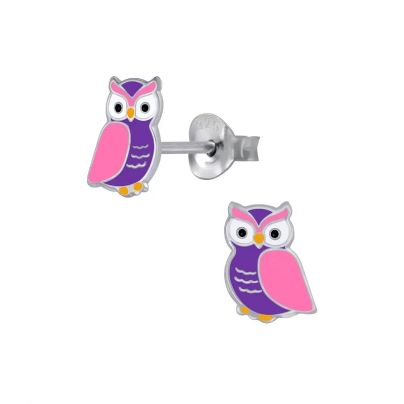 Kinder-Ohrstecker Eule Lila Pink Sterling Silber 925