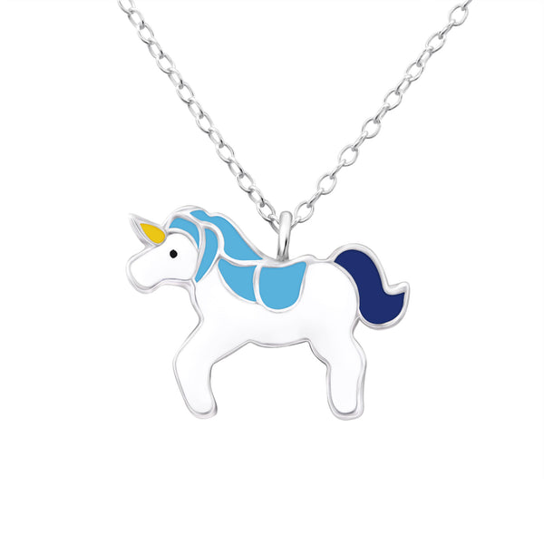 Kinder-Anhänger mit Kette Einhorn Blau, Gelb, Weiß Sterling Silber 925